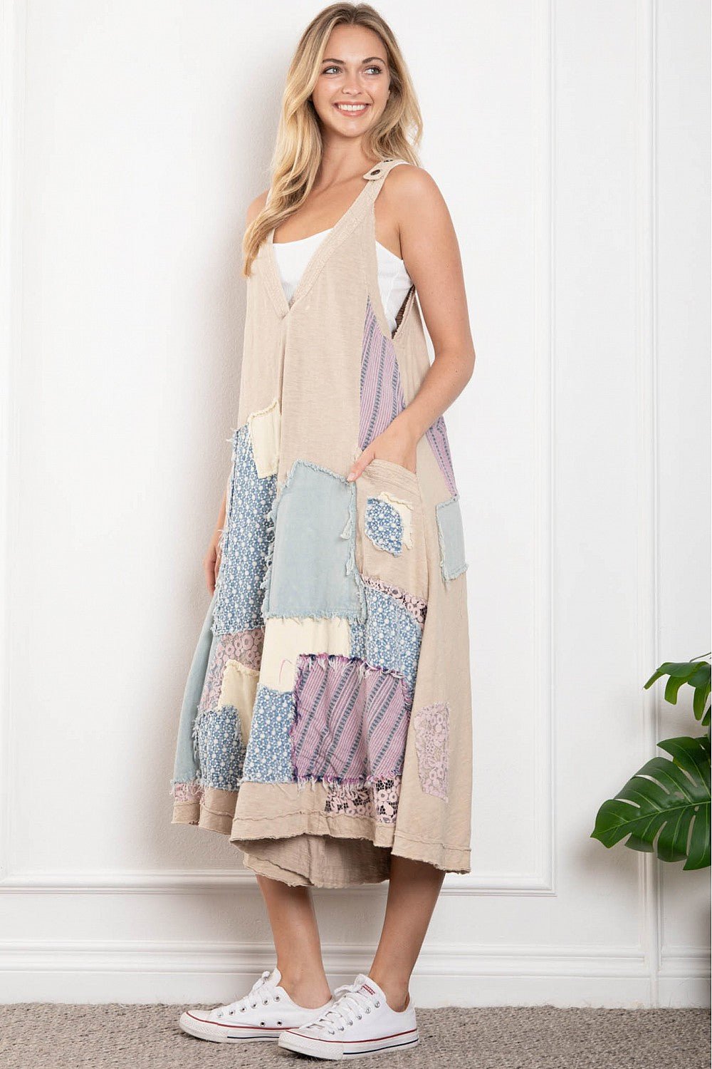 Annabell Swing Deep V Patched Wide Leg jumpsuit Overall - ivyandlavyboutique Blue Velvet