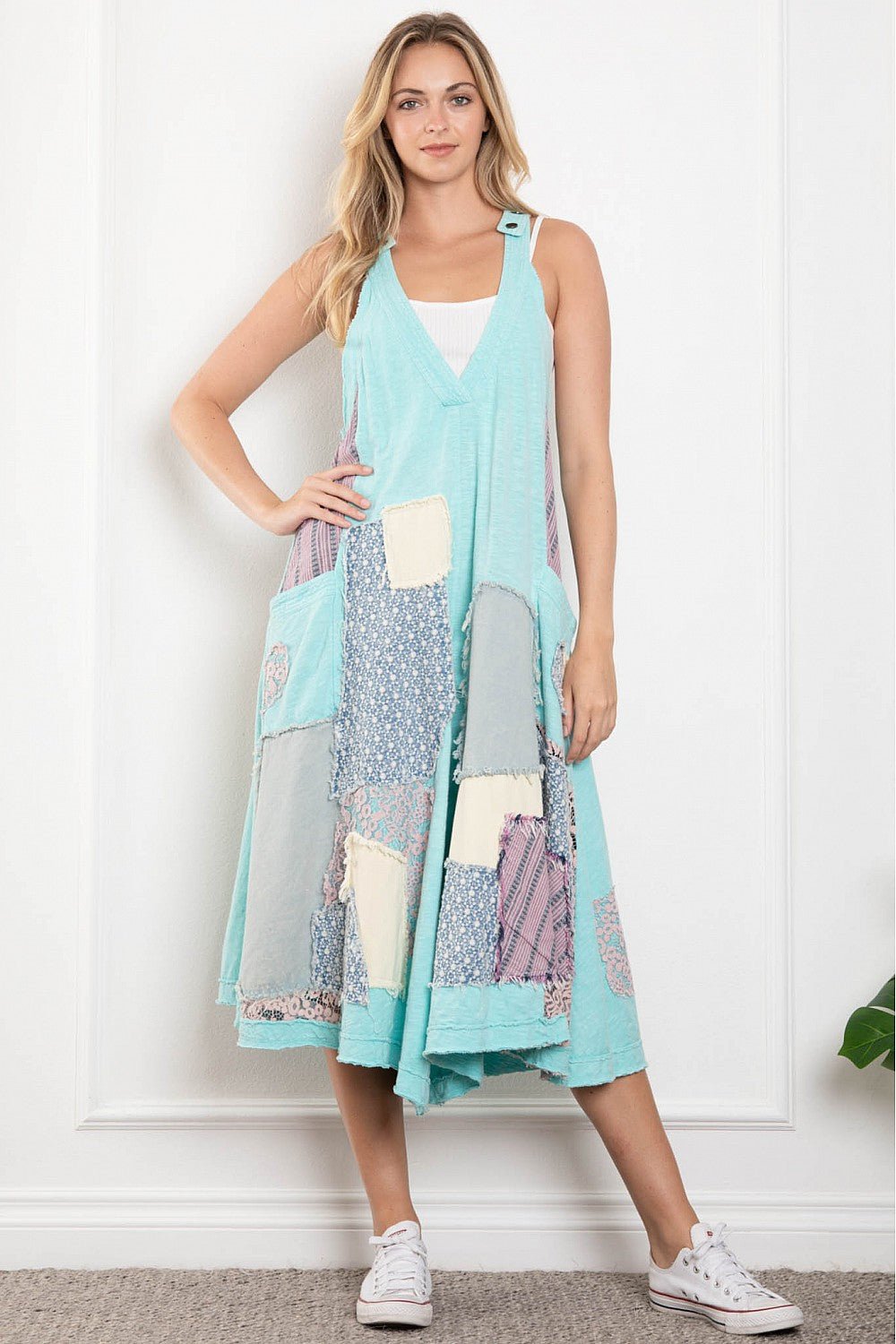 Annabell Swing Deep V Patched Wide Leg jumpsuit Overall - ivyandlavyboutique Blue Velvet