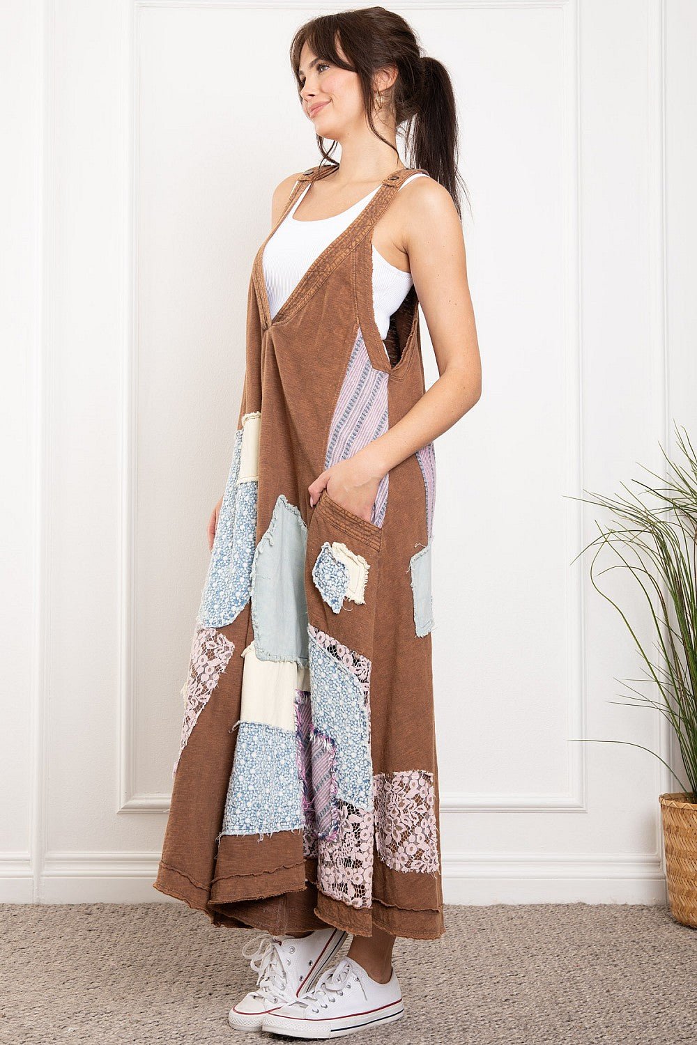 Annabell Swing Deep V Patched Wide Leg jumpsuit Overall - ivyandlavyboutique Blue Velvet