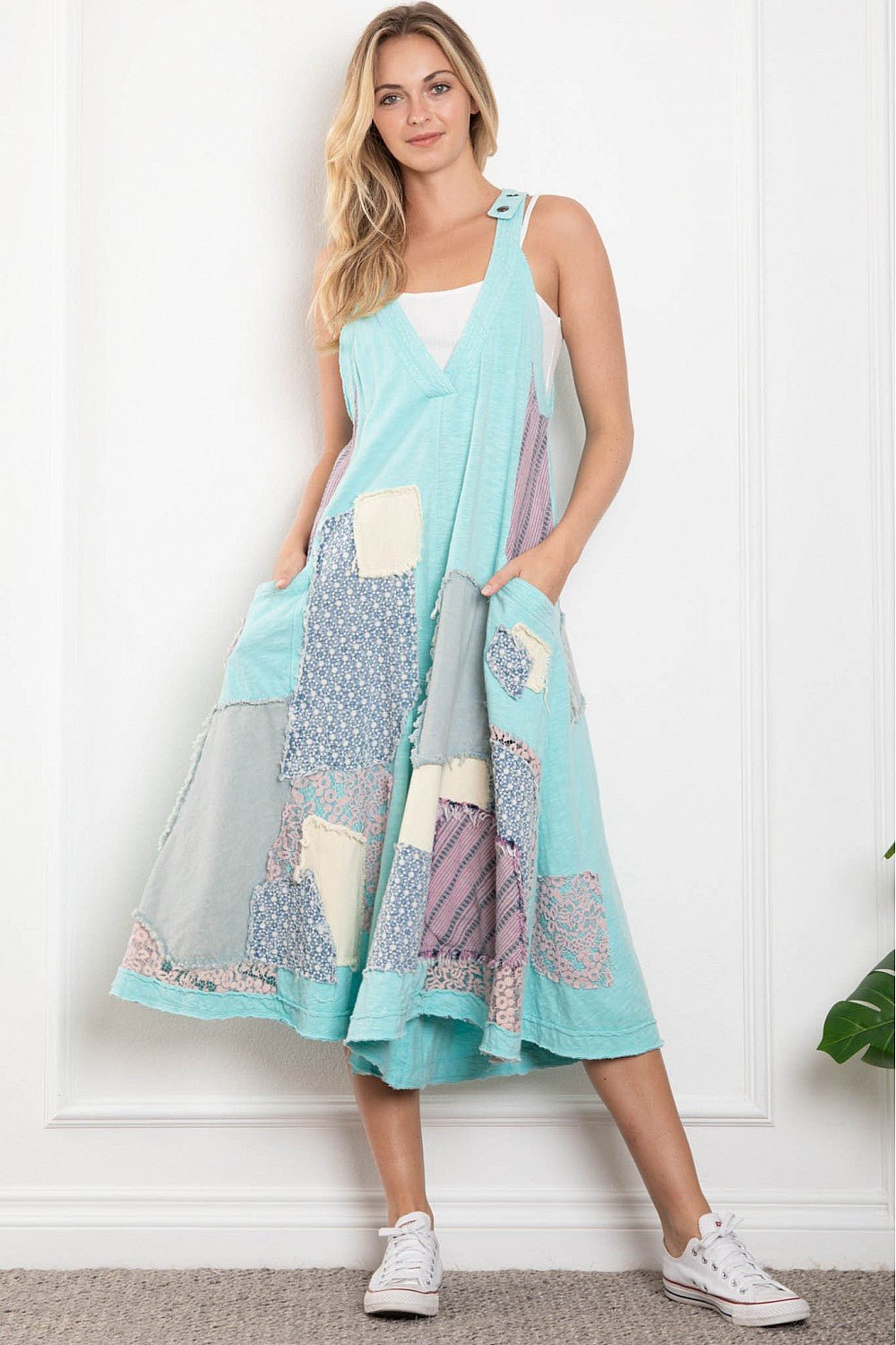 Annabell Swing Deep V Patched Wide Leg jumpsuit Overall - ivyandlavyboutique Blue Velvet