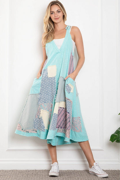 Annabell Swing Deep V Patched Wide Leg jumpsuit Overall - ivyandlavyboutique Blue Velvet