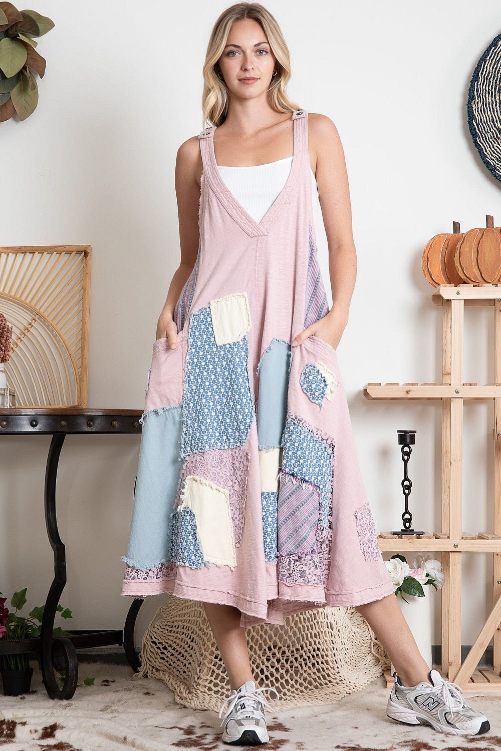 Annabell Swing Deep V Patched Wide Leg jumpsuit Overall - ivyandlavyboutique Blue Velvet