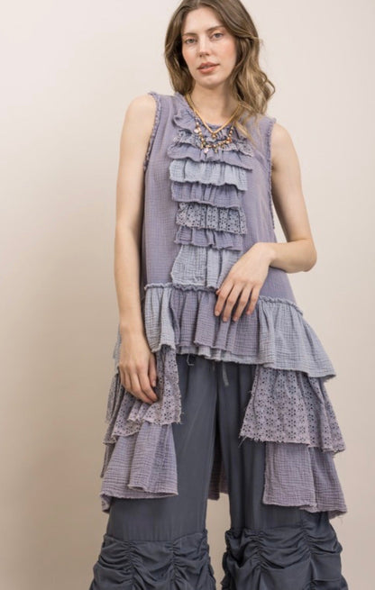 Annie Ruffle Hi Lo Tunic Top - ivyandlavyboutique Blue Velvet