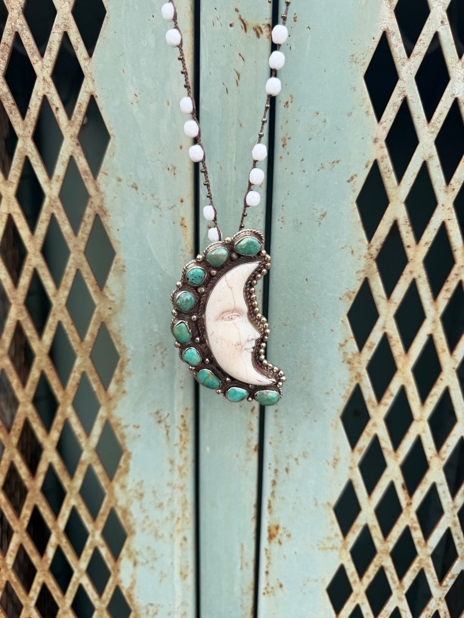 ASIS Carved Moon Face Necklace on Knotted Gemstone Chain - ivyandlavyboutique ivyandlavyboutique