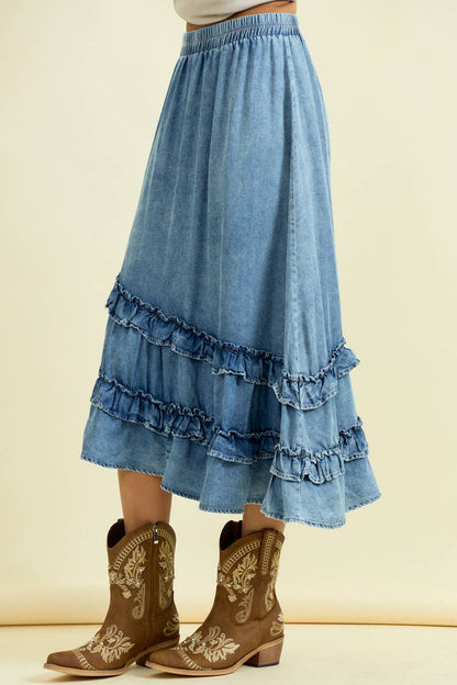 ASYMMETRICAL RUFFLE MIDI SKIRT IS - ivyandlavyboutique Doe and Rae