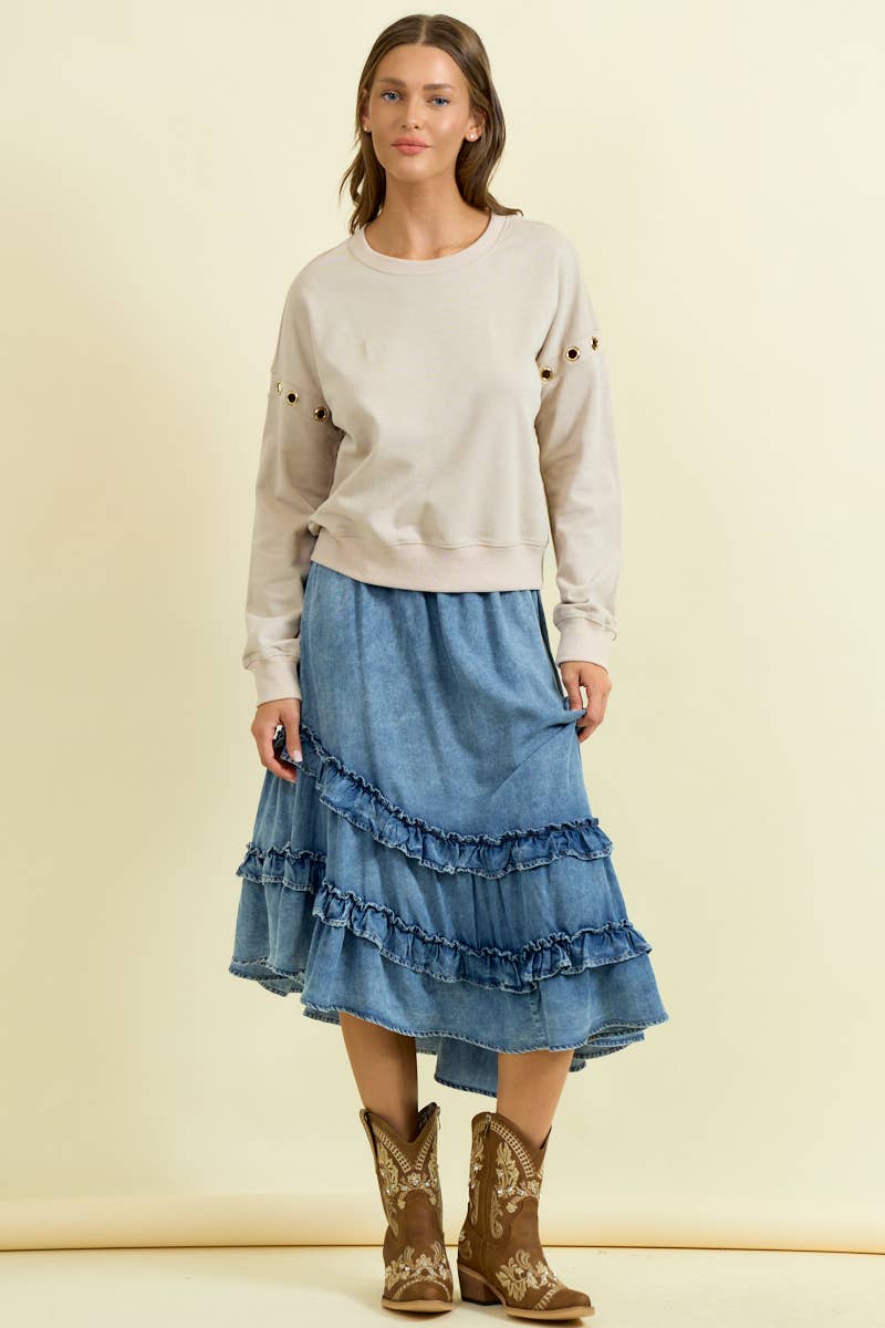 ASYMMETRICAL RUFFLE MIDI SKIRT IS - ivyandlavyboutique Doe and Rae