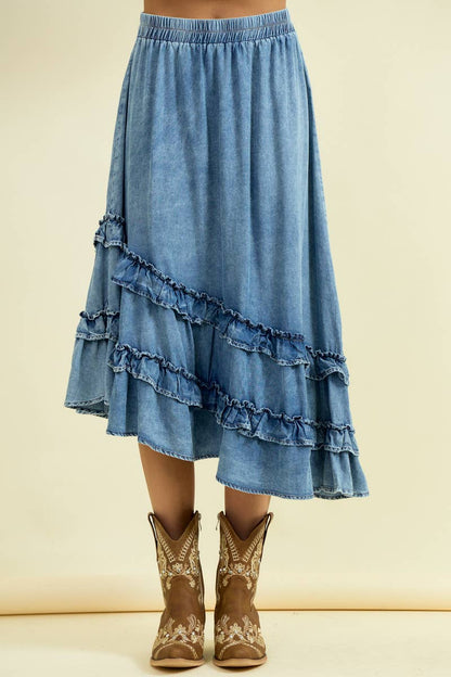 ASYMMETRICAL RUFFLE MIDI SKIRT IS - ivyandlavyboutique Doe and Rae
