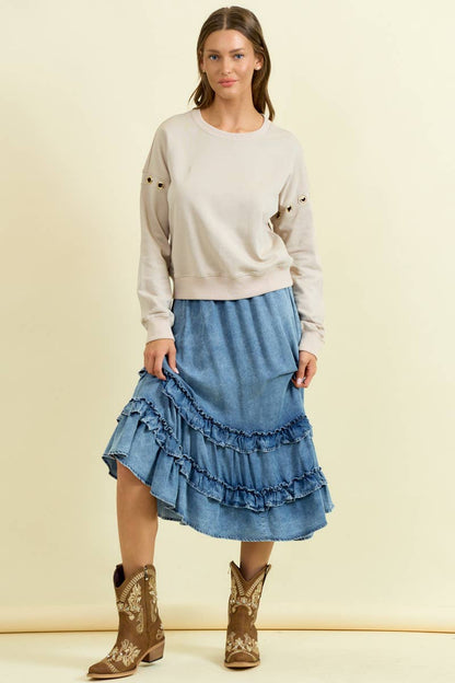 ASYMMETRICAL RUFFLE MIDI SKIRT IS - ivyandlavyboutique Doe and Rae