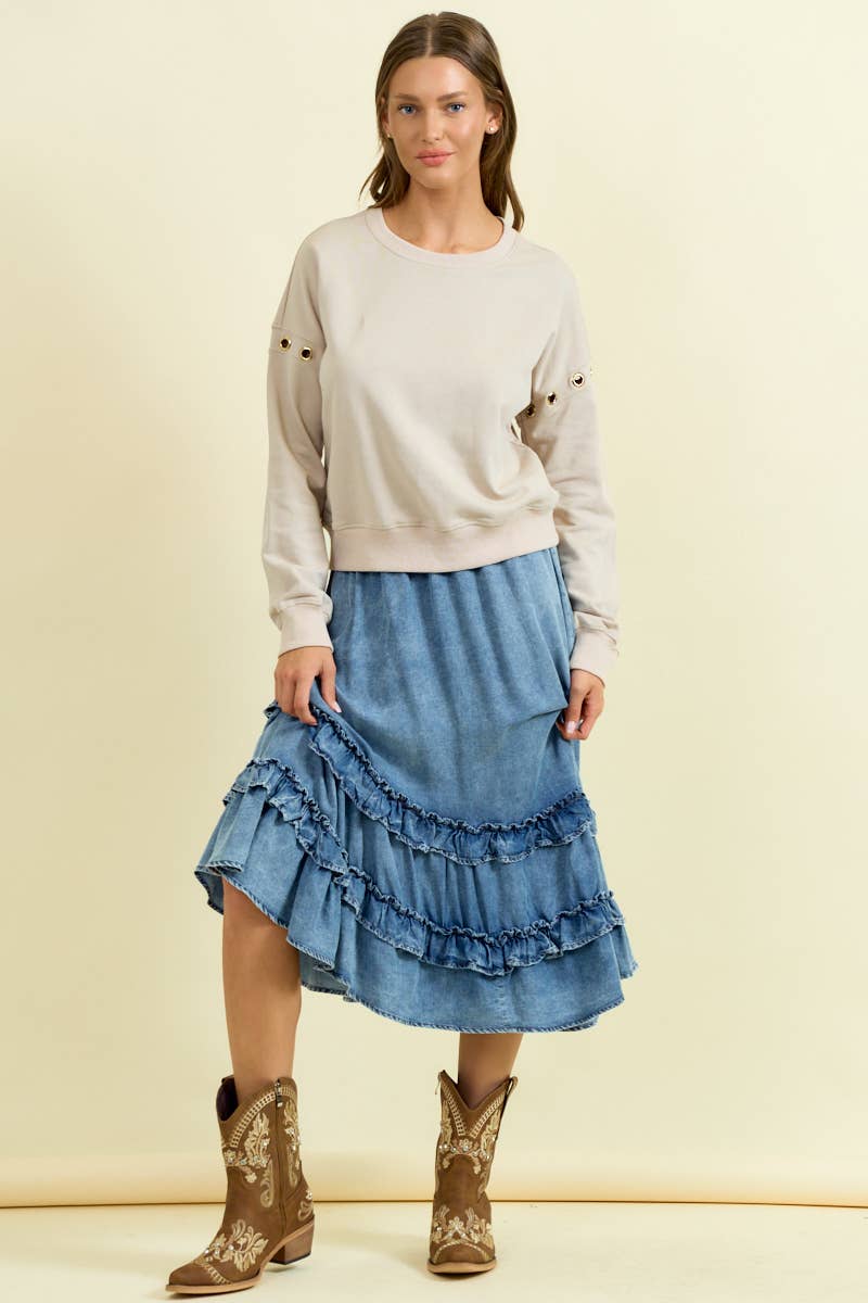 ASYMMETRICAL RUFFLE MIDI SKIRT IS - ivyandlavyboutique Doe and Rae