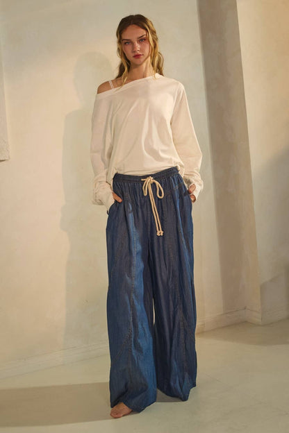 Chambray Denim Wide Palazzo Pants: Washed Dark Chambray