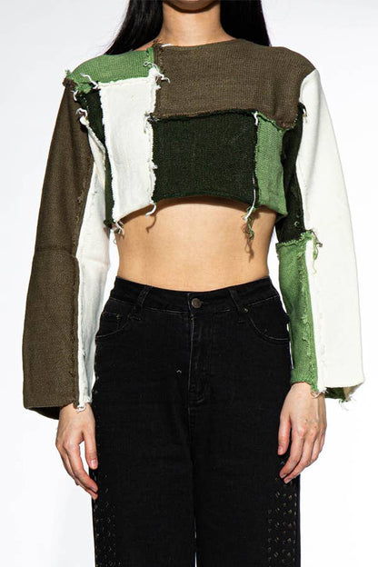 Raw Edge Color Block Cropped Knit Sweater