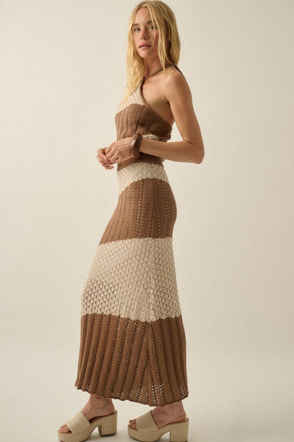 Colorblock Striped Crochet-Knit Maxi Sweater Skirt