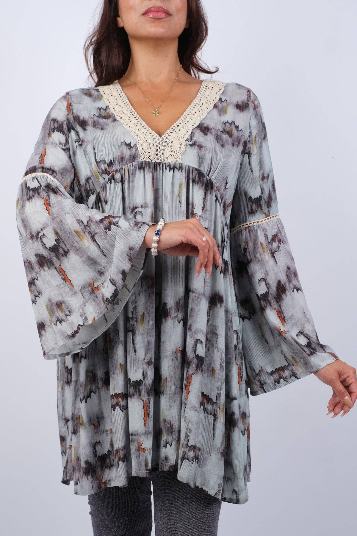 Abstract Gray Tunic with Flared Sleeves