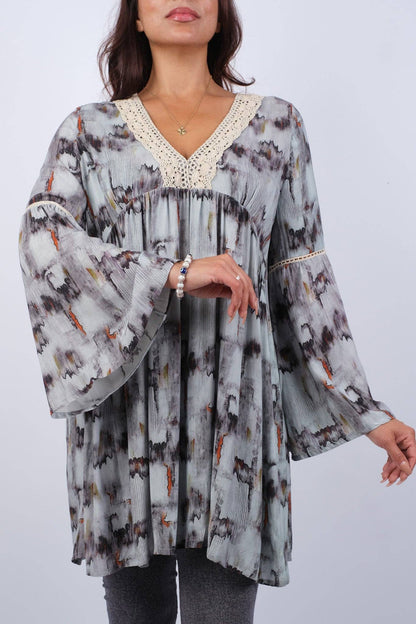 Abstract Gray Tunic with Flared Sleeves