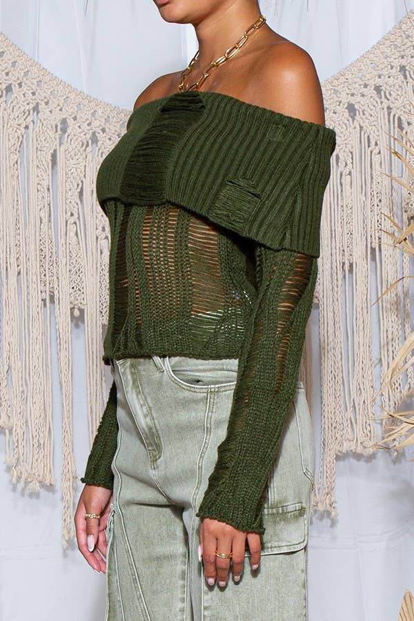 Laddered Off-Shoulder Ribbed Knit Sweater