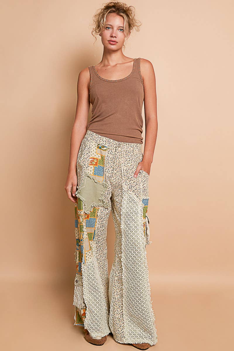 Ella James Printed Patchwork Detail Woven Twill Pants