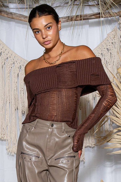 Laddered Off-Shoulder Ribbed Knit Sweater