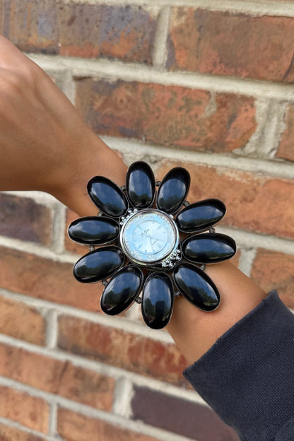 Bedazzled QUARTZ Watch Cuff/Black Stone - ivyandlavyboutique ivyandlavyboutique