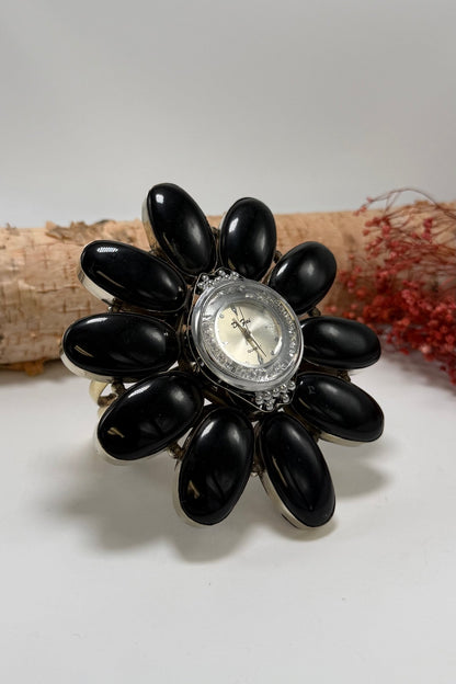 Bedazzled QUARTZ Watch Cuff/Black Stone - ivyandlavyboutique ivyandlavyboutique