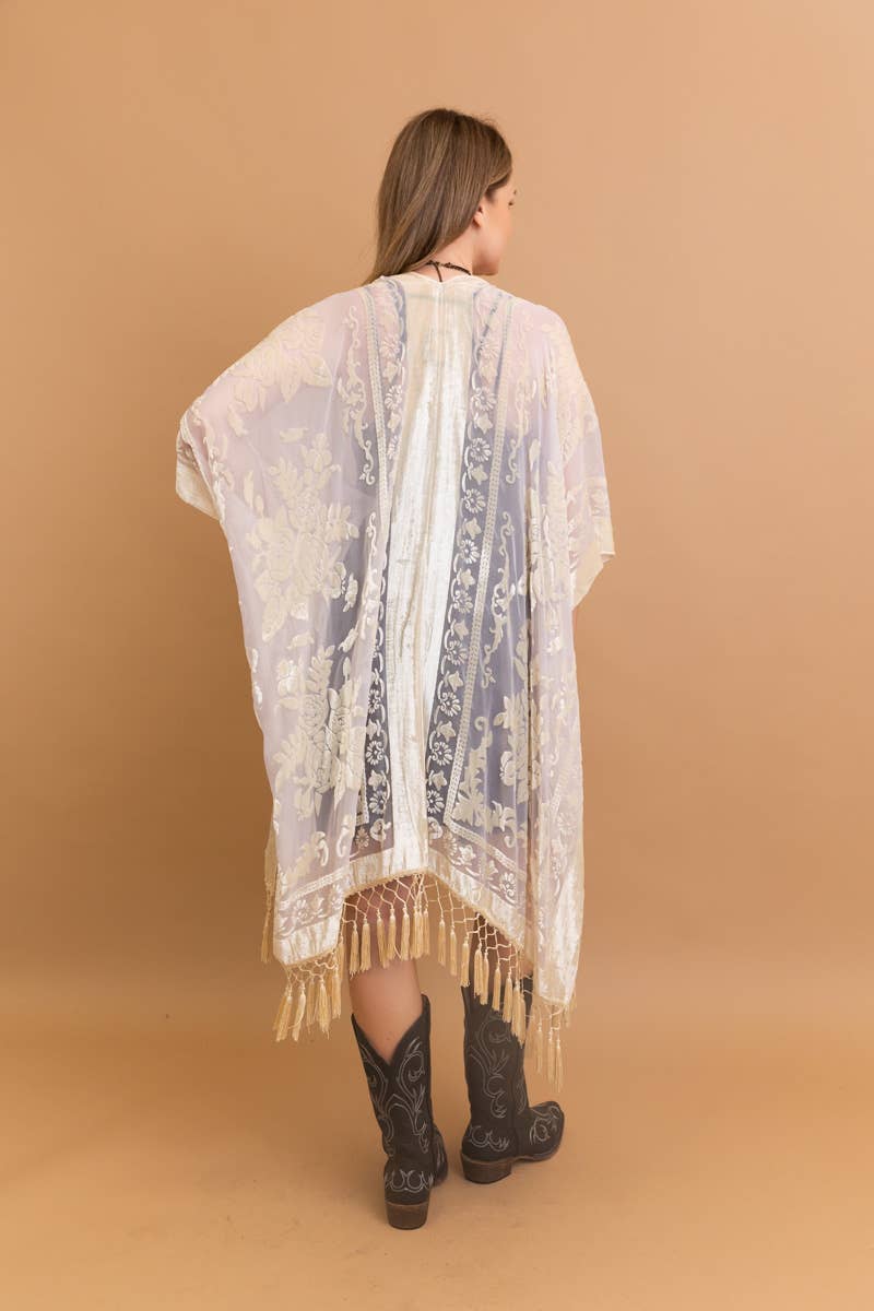 Bestselling Velvet Mesh Tapestry Tassel Kimono 💎: Nude - ivyandlavyboutique Leto Accessories