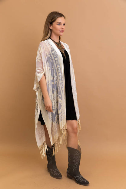 Bestselling Velvet Mesh Tapestry Tassel Kimono 💎: Nude - ivyandlavyboutique Leto Accessories