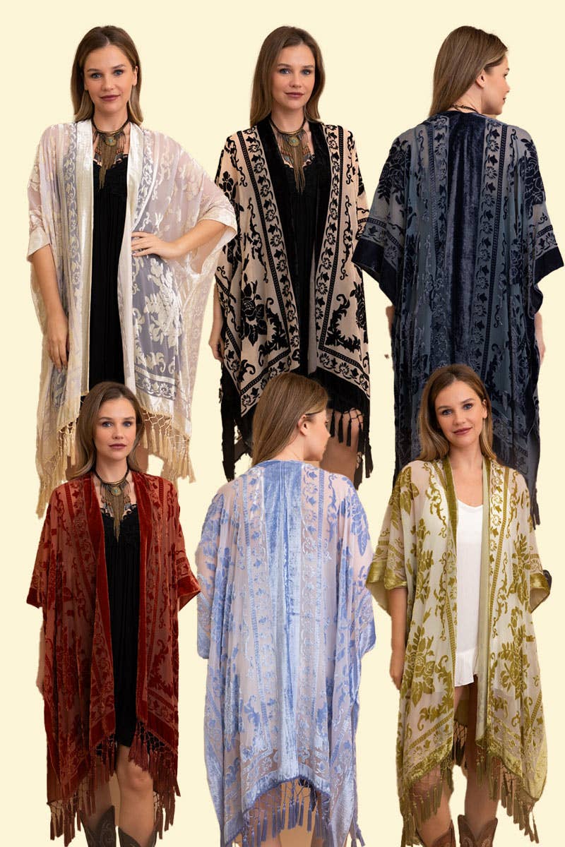 Bestselling Velvet Mesh Tapestry Tassel Kimono 💎: Nude - ivyandlavyboutique Leto Accessories