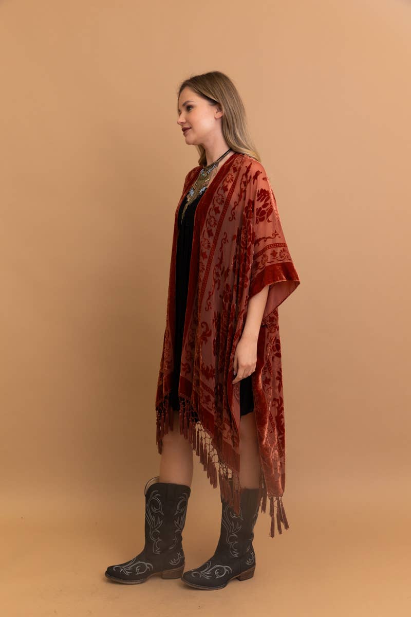 Bestselling Velvet Mesh Tapestry Tassel Kimono 💎: Rust - ivyandlavyboutique Leto Accessories