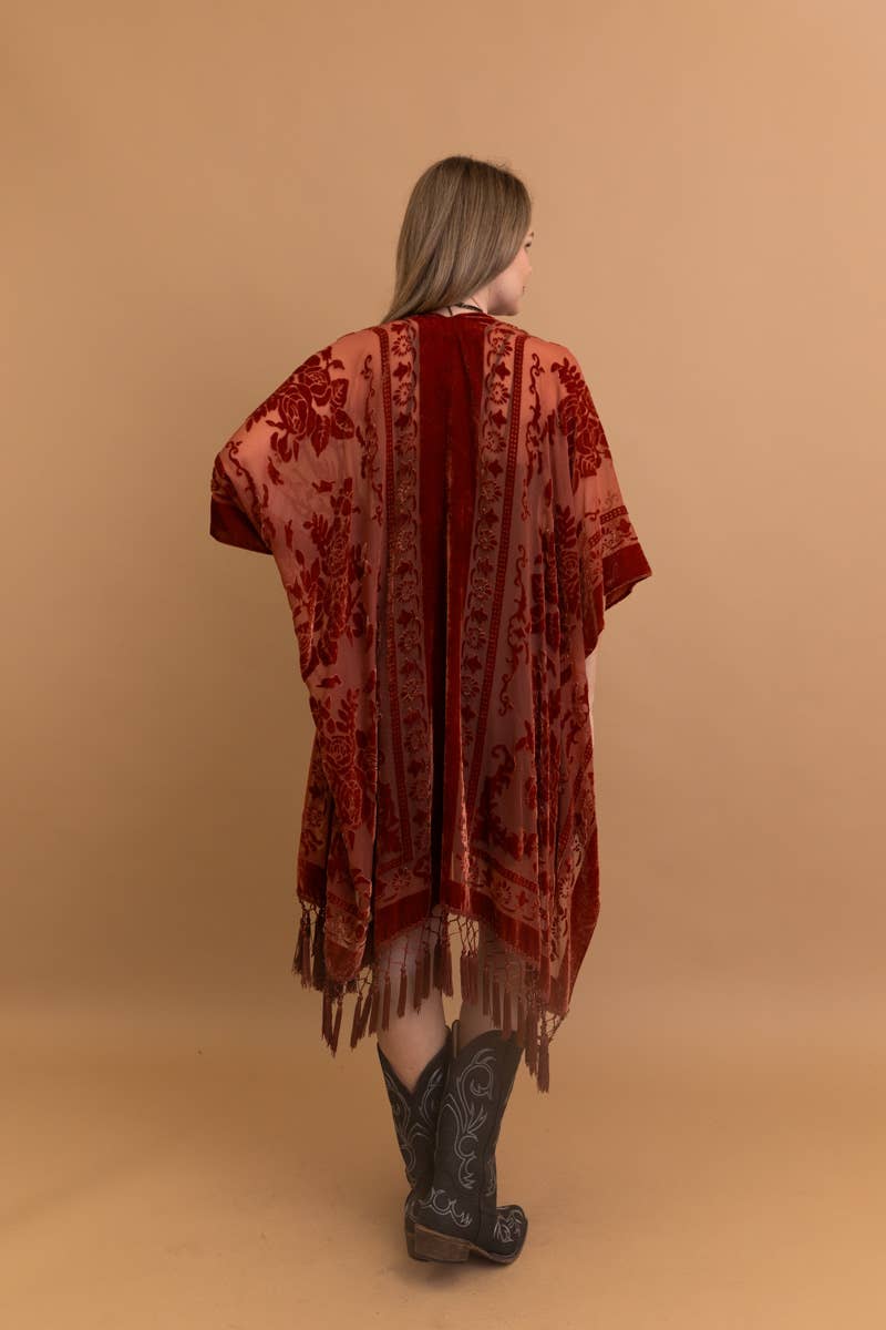 Bestselling Velvet Mesh Tapestry Tassel Kimono 💎: Rust - ivyandlavyboutique Leto Accessories