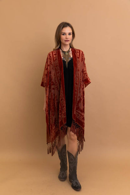 Bestselling Velvet Mesh Tapestry Tassel Kimono 💎: Rust - ivyandlavyboutique Leto Accessories