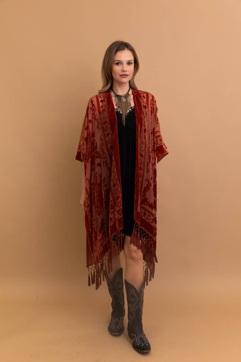 Bestselling Velvet Mesh Tapestry Tassel Kimono 💎: Rust - ivyandlavyboutique Leto Accessories