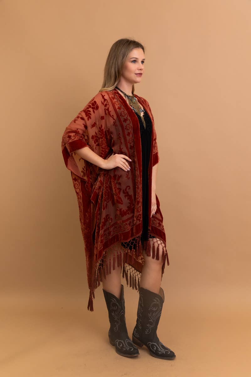 Bestselling Velvet Mesh Tapestry Tassel Kimono 💎: Rust - ivyandlavyboutique Leto Accessories