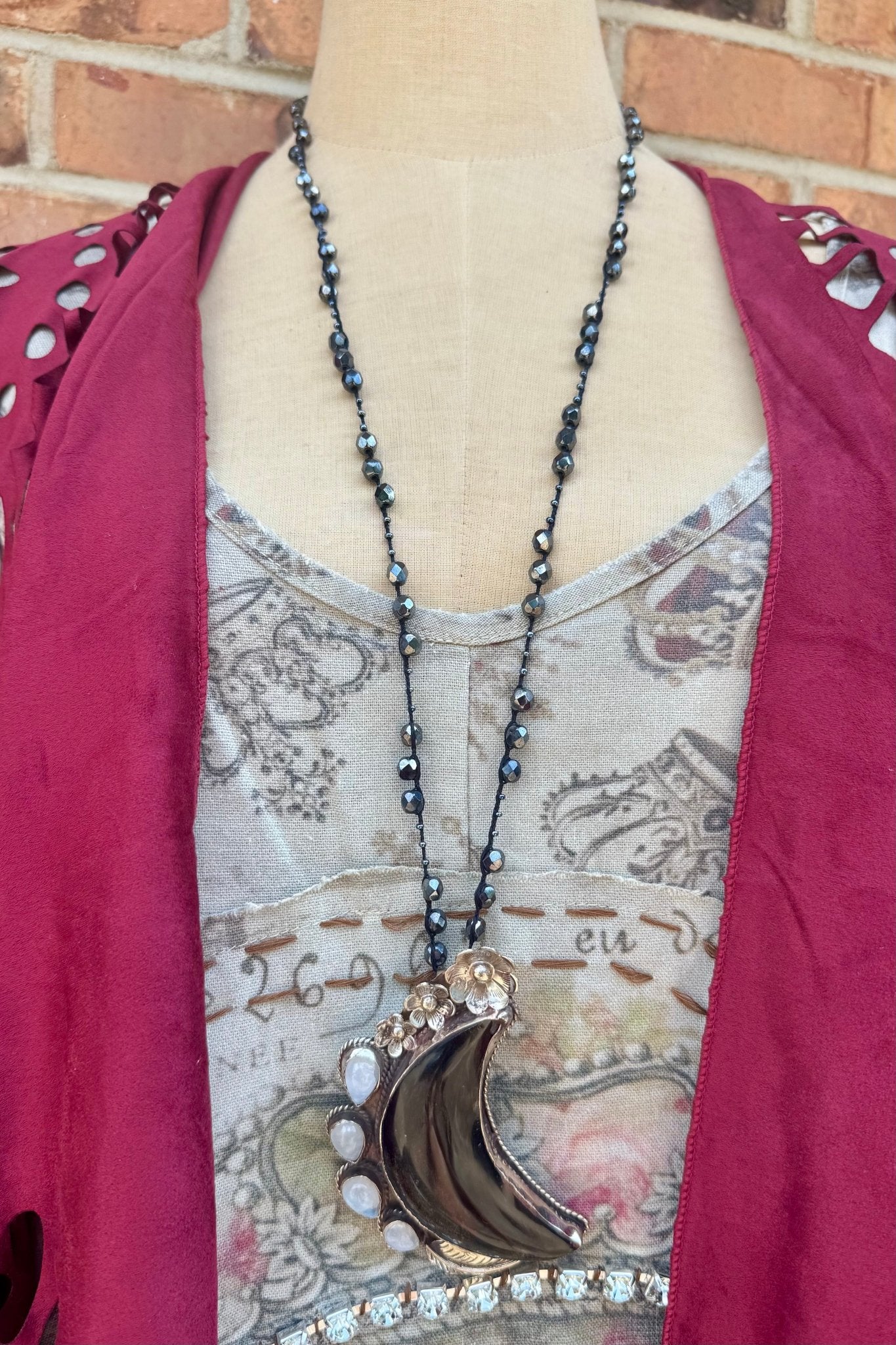 Big Mama Carved Moon Necklace on Knotted Gemstone Chain - ivyandlavyboutique ivyandlavyboutique