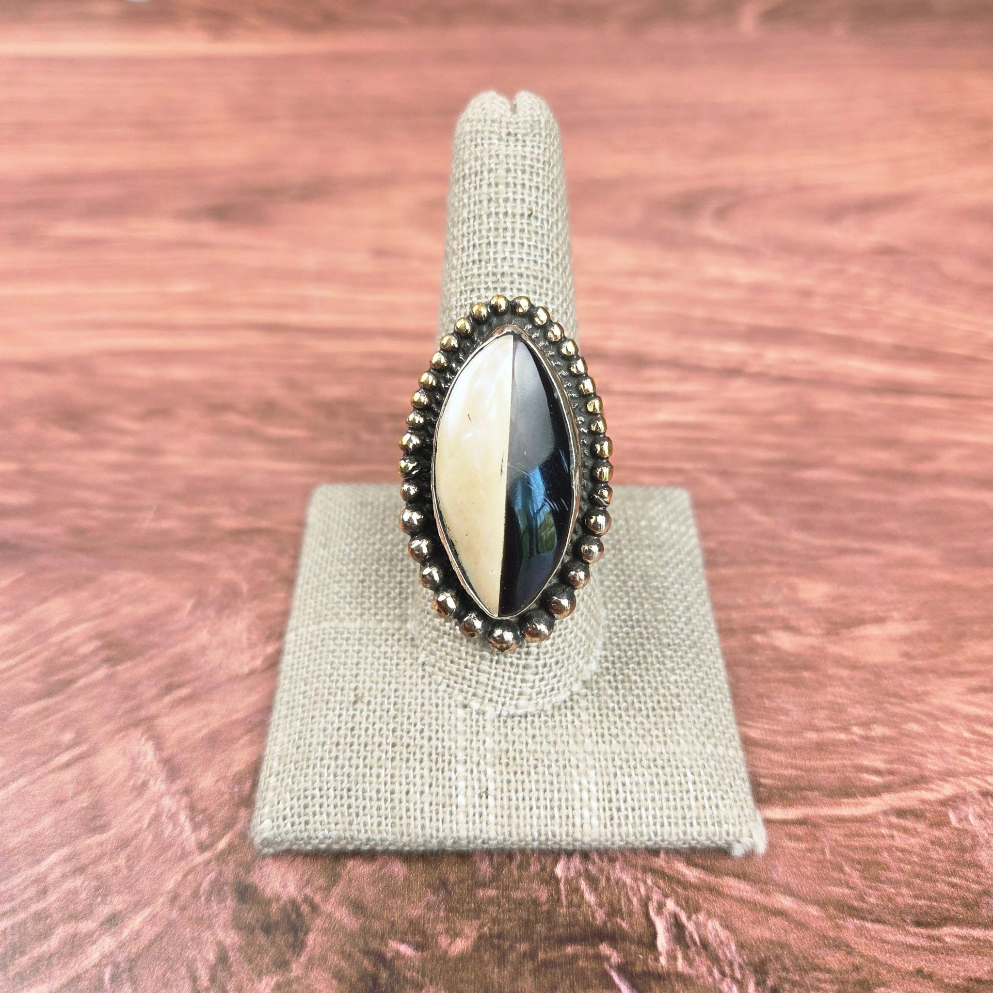 Black and White Abalone Tibetan Adjustable Ring - ivyandlavyboutique ZINC Designs