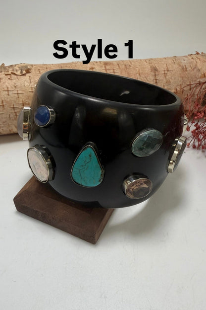 Black Bangle w/ Mixed Gemstones - ivyandlavyboutique ivyandlavyboutique