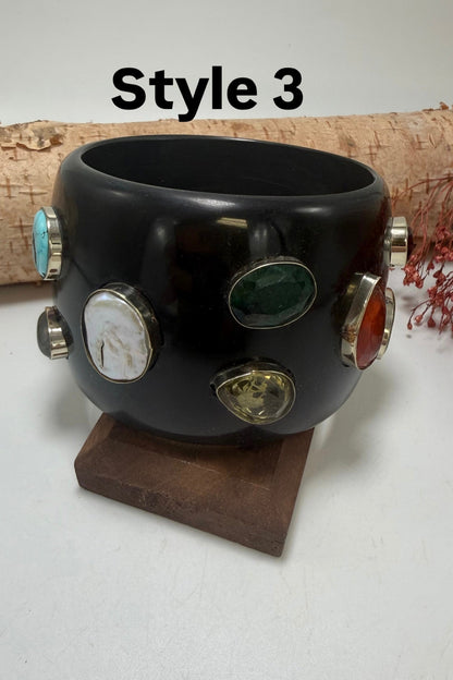 Black Bangle w/ Mixed Gemstones - ivyandlavyboutique ivyandlavyboutique
