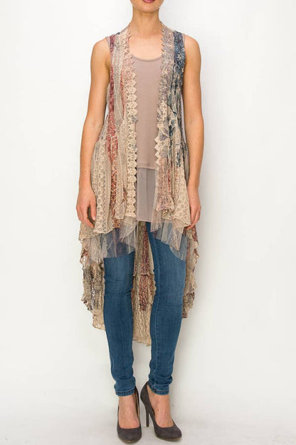 BOHEMIAN ALL LACE HI LOW VEST - TAUPE/PAT ROSE: Patriotic Rose - ivyandlavyboutique Origami Apparel ~ Lace and Crochet inspired