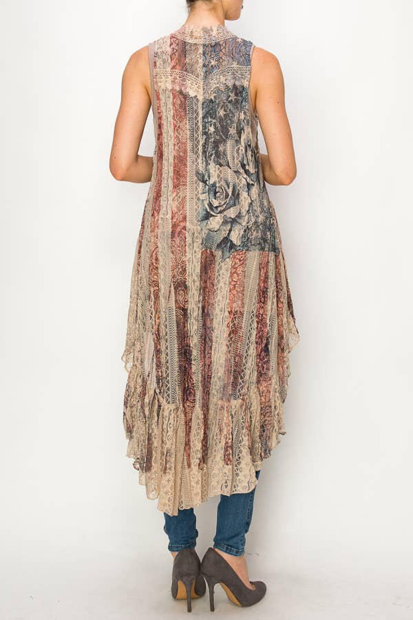 BOHEMIAN ALL LACE HI LOW VEST - TAUPE/PAT ROSE: Patriotic Rose - ivyandlavyboutique Origami Apparel ~ Lace and Crochet inspired
