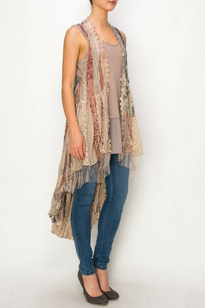 BOHEMIAN ALL LACE HI LOW VEST - TAUPE/PAT ROSE: Patriotic Rose - ivyandlavyboutique Origami Apparel ~ Lace and Crochet inspired
