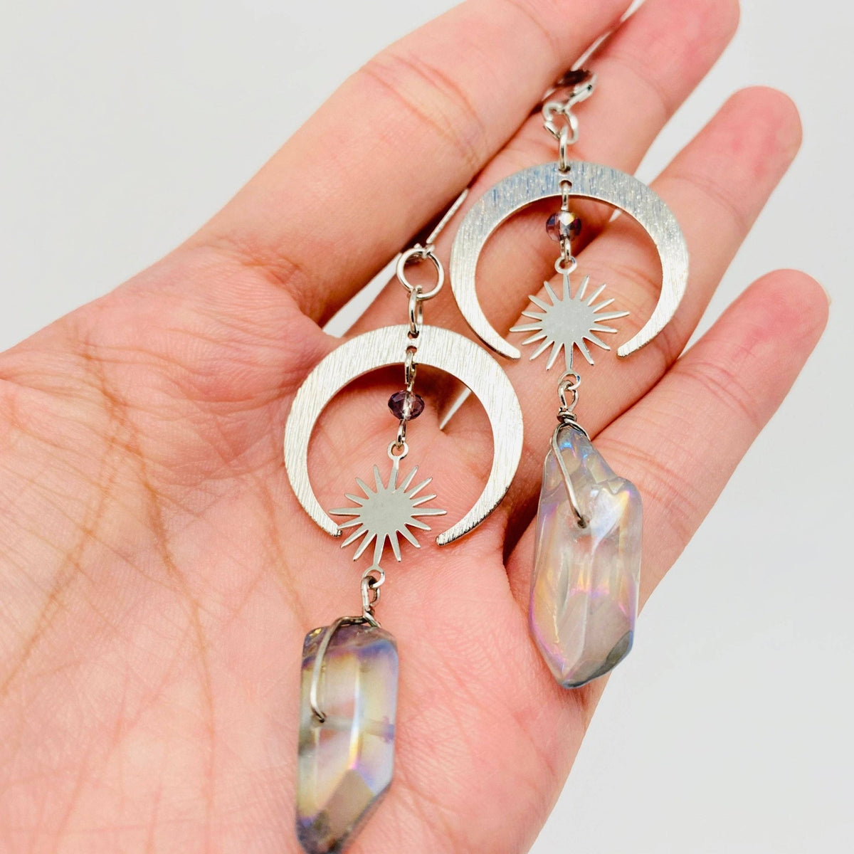 Bohemian Star-moon Combination Crystal Pillar Earrings - MS: Silver - ivyandlavyboutique Mio Queena