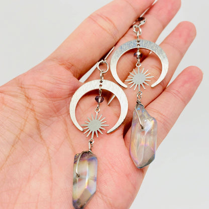 Bohemian Star-moon Combination Crystal Pillar Earrings - MS: Silver - ivyandlavyboutique Mio Queena
