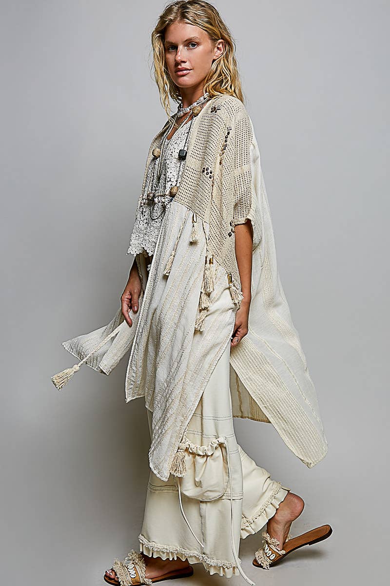 Boho Crochet Contrast Sequin Tassel Midi Kimono Fit Cardigan - ivyandlavyboutique Pol Clothing