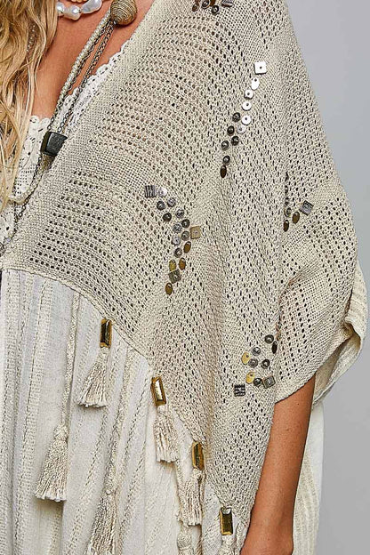 Boho Crochet Contrast Sequin Tassel Midi Kimono Fit Cardigan - ivyandlavyboutique Pol Clothing