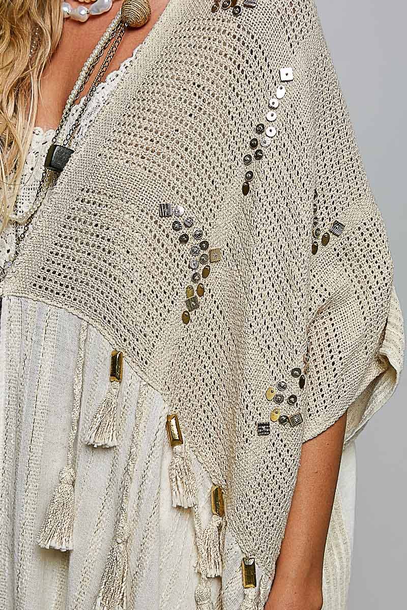 Boho Crochet Contrast Sequin Tassel Midi Kimono Fit Cardigan - ivyandlavyboutique Pol Clothing