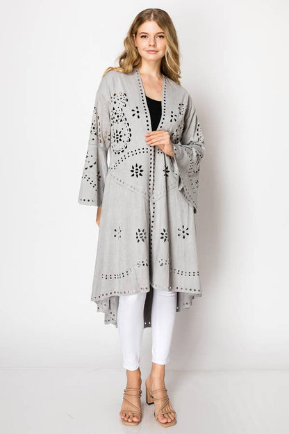 Boho Laser - Cut Faux Suede Jacket With High - Low Hem - ivyandlavyboutique Origami Apparel ~ Lace and Crochet inspired