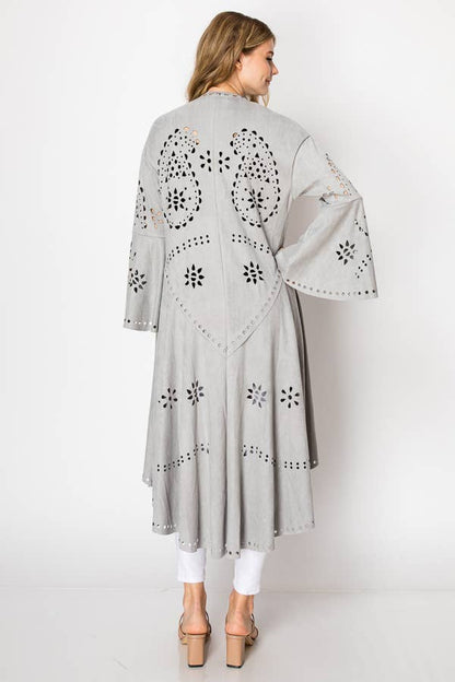 Boho Laser - Cut Faux Suede Jacket With High - Low Hem - ivyandlavyboutique Origami Apparel ~ Lace and Crochet inspired