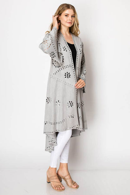 Boho Laser - Cut Faux Suede Jacket With High - Low Hem - ivyandlavyboutique Origami Apparel ~ Lace and Crochet inspired