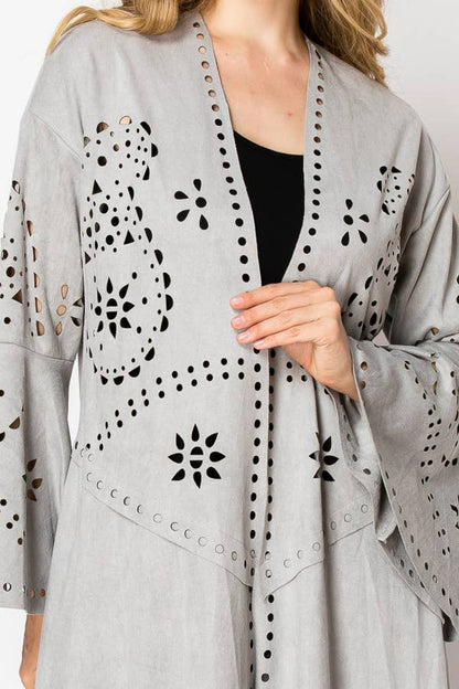 Boho Laser - Cut Faux Suede Jacket With High - Low Hem - ivyandlavyboutique Origami Apparel ~ Lace and Crochet inspired