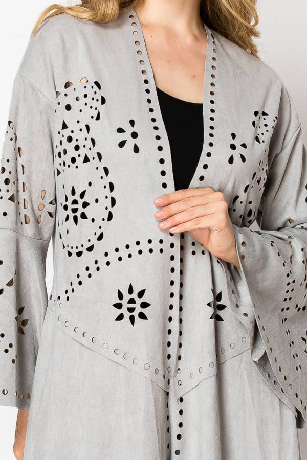 Boho Laser - Cut Faux Suede Jacket With High - Low Hem - ivyandlavyboutique Origami Apparel ~ Lace and Crochet inspired