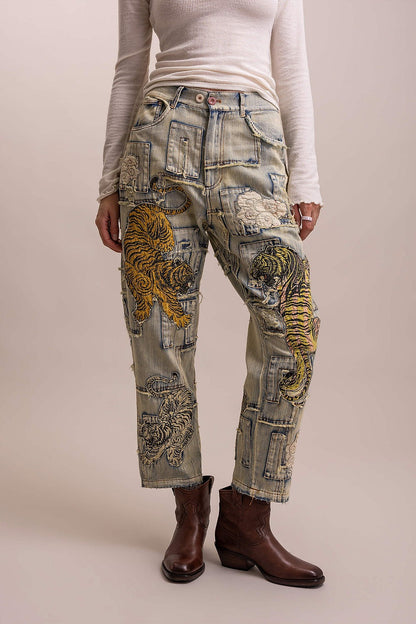 PREORDER - Here Kitty Kitty Patchwork Tiger Denim Pants