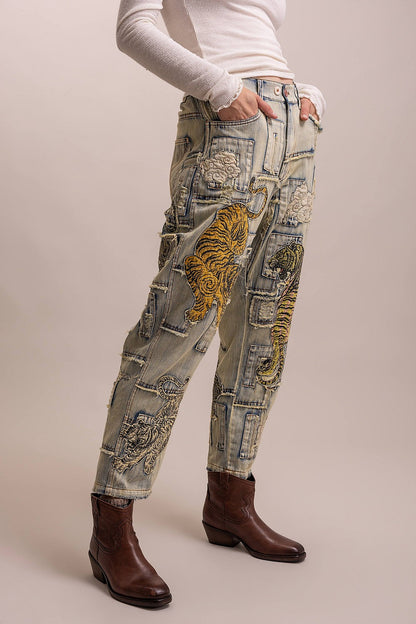 PREORDER - Here Kitty Kitty Patchwork Tiger Denim Pants